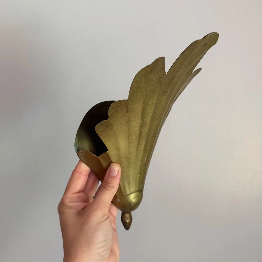 Vintage Brass Wall Pocket Planter Fan Leaf Art Deco Decorative Sconce India